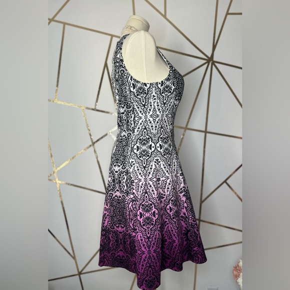 Maggy London Black, White, Purple Ombré A-line Midi Dress Halter Neckline (878) - Picture 9 of 17